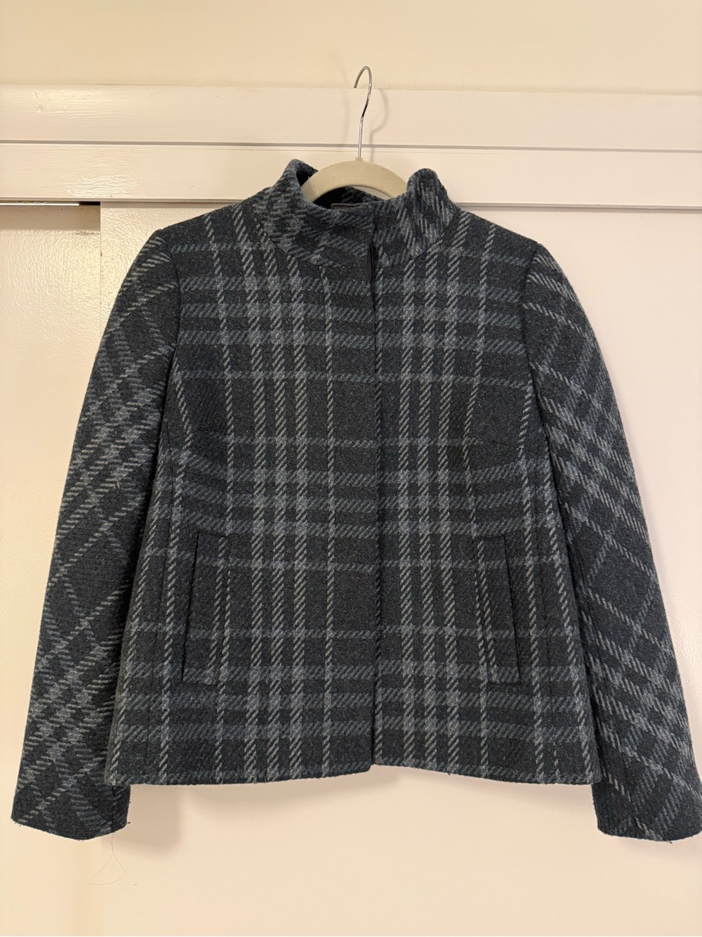 Women's Cropped Funnel Neck Plaid Wool-Blend Jacket - Gray and Blue